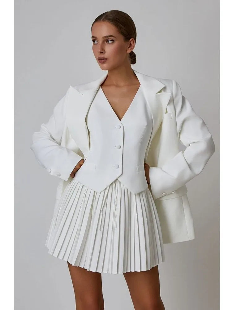 Fashion Suit Vest Pleated Short Skirt Two Piece Set Women's Slim Button Tight Set Female Summer New 2024 Street Clothing