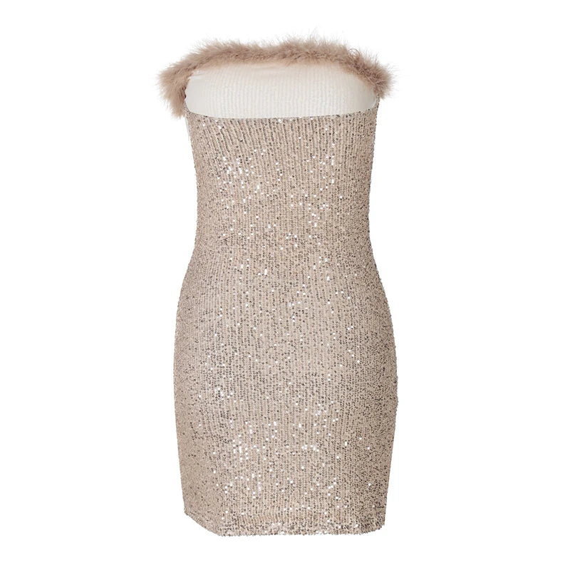 Sequins Off-shoulder Sexy Mini Dress For Women Fashion Strapless Feather Backless Bodycon Club Party Sparkle Dress