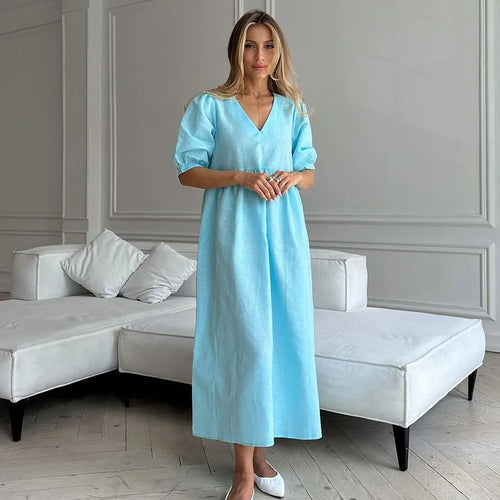 Load image into Gallery viewer, Short Puff Sleeve Maxi Dress For Women Fashion Autumn New Blue V Neck Loose Basic Casual Long Dress Elegant Gown
