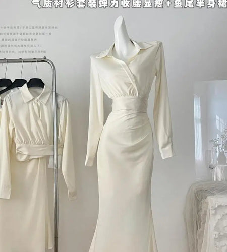 Women Autumn Winter 2024 New French Beige Single Breasted Elegant Long Sleeved Pleated Shirt And High Waist Skirt Two Piece Suit