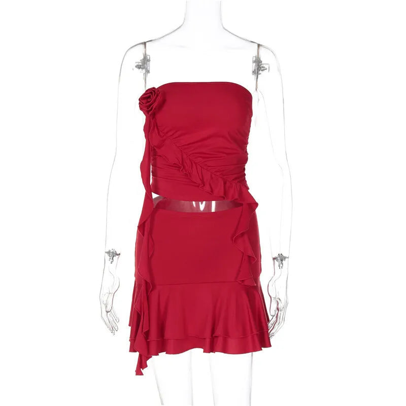 Sexy Women Dress Sets Rose Strapless Crop Tops And Mini Skirt Sets Female Elegant Ruffled Club Party Two Piece Sets