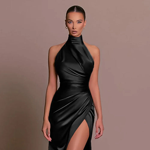 Load image into Gallery viewer, Halter Sleevelessthigh High Split Maxi Dress For Women Fashion Backless Bodycon Sexy Club Party Evening Long Dress
