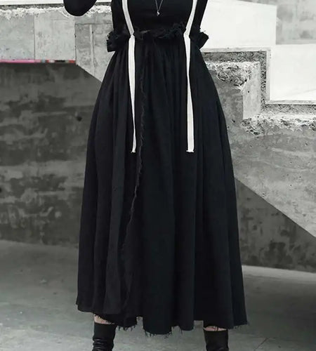 High Elastic Waist Black Linen Color-block A-line Strap Half-body Skirt Women Fashion Tide New Spring Autumn 2025 LA923