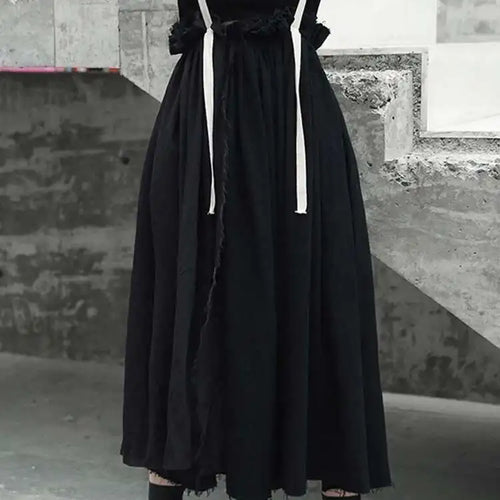 Load image into Gallery viewer, High Elastic Waist Black Linen Color-block A-line Strap Half-body Skirt Women Fashion Tide New Spring Autumn 2025 LA923
