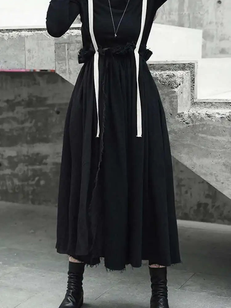 High Elastic Waist Black Linen Color-block A-line Strap Half-body Skirt Women Fashion Tide New Spring Autumn 2025 LA923