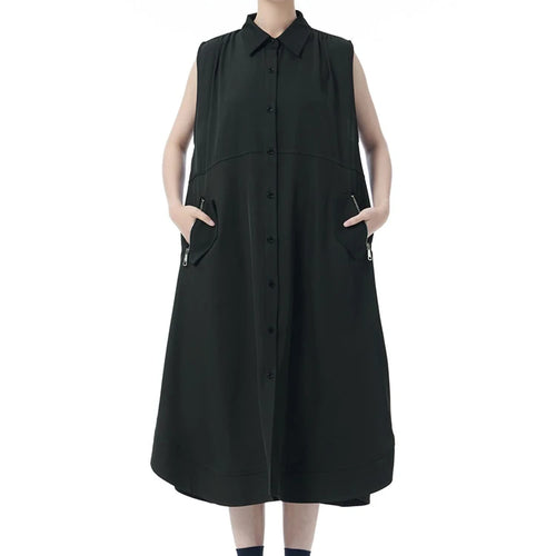 Load image into Gallery viewer, Women Dark Gray Zipper Pocket Big Size Midi Shirt Dress New Lapel Sleeveless Fashion Tide Spring Summer 2025 1DJ0950
