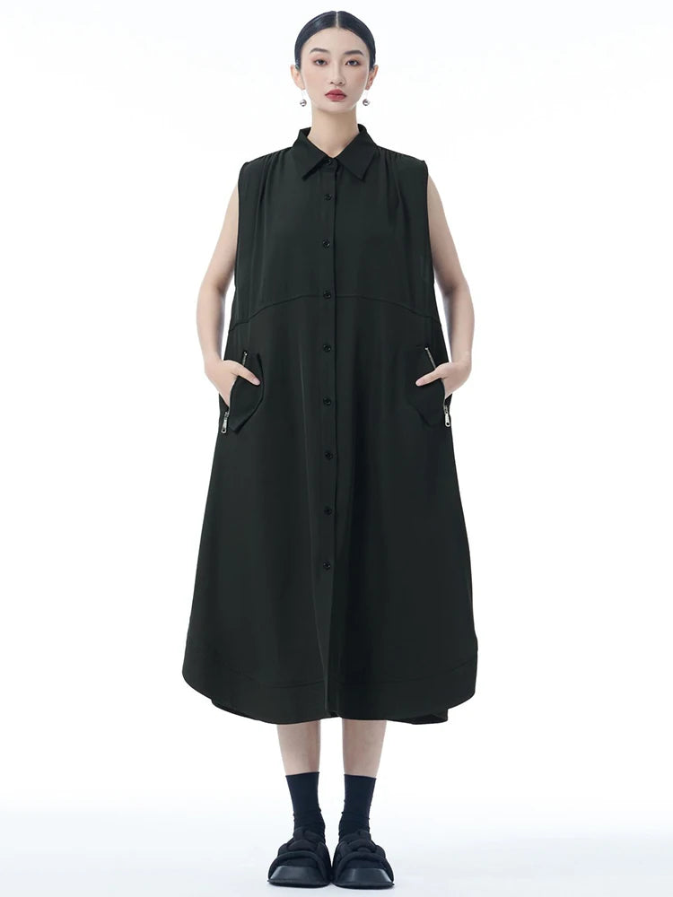 Women Dark Gray Zipper Pocket Big Size Midi Shirt Dress New Lapel Sleeveless Fashion Tide Spring Summer 2025 1DJ0950