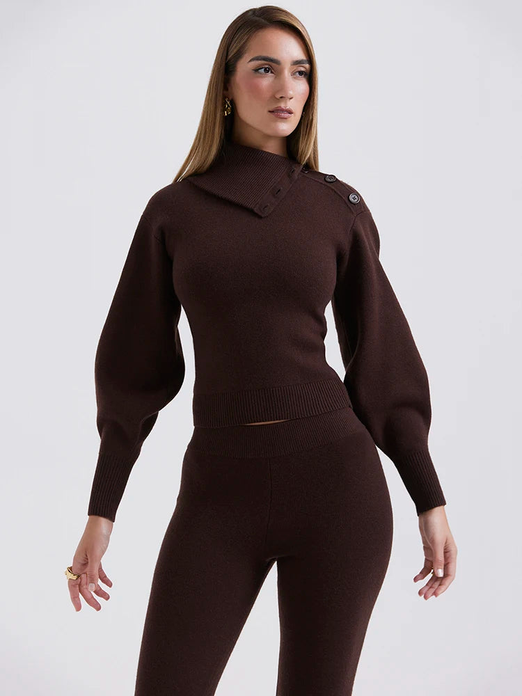 Autumn/Winter Fashion Sweater Set Women Polo Neck Long Sleeve Top Slim Elastic Pants Two Piece Set Female Casual Street