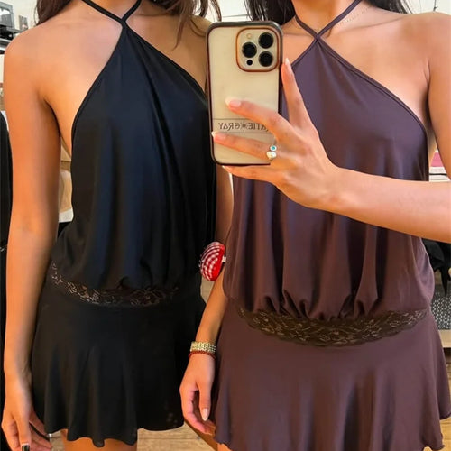 Load image into Gallery viewer, Halter Backless Sexy Mini Dress Women Robe Fashion Summer New Lace Patchwork Sleeveless Pleated Ruffled Club Dress
