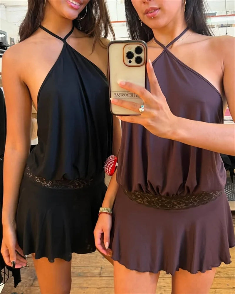 Halter Backless Sexy Mini Dress Women Robe Fashion Summer New Lace Patchwork Sleeveless Pleated Ruffled Club Dress