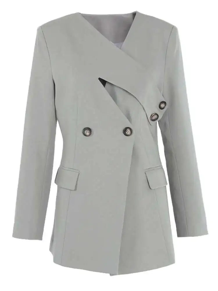 Women Gray Button Cross Hollow Out Elegant Blazer New V-neck Long Sleeve Jacket Fashion Tide Spring Autumn 2025 CPDB002