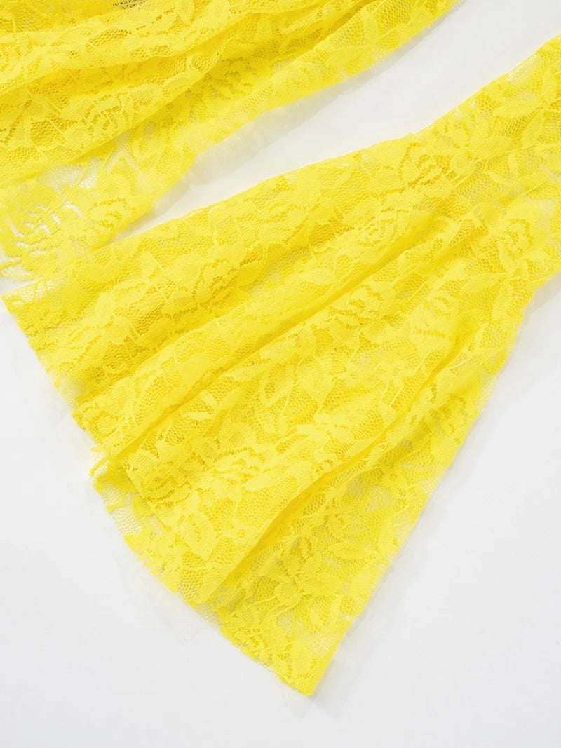 Lace Ruffled Sexy Mini Dress For Women Robe Deep V Neck Flare Long Sleeve Draped A-line Club Party Dress Vestido