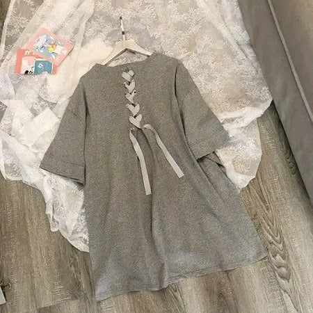 Ropa Mujer Solid Color Woman Tshirts Oversized Tops Bandage O-neck Short Sleeve Tees Fashion Casual Summer Y2k T Shirt