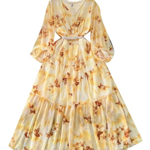 Load image into Gallery viewer, French Women Vintage Sweet Printed Birthday Evening Party Long Dresses Autumn New V Neck  Lantern Sleeves Pleated Dress Bohemian
