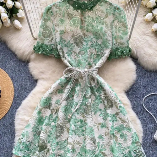 Load image into Gallery viewer, French Retro Women Embroidered Flower Bead Round Neck Short Sleeved Mini Dress Summer Hollowed Out Lace-up Evening Party Dresses
