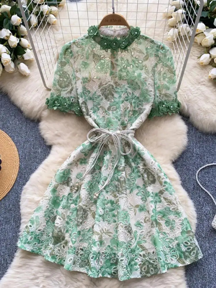 French Retro Women Embroidered Flower Bead Round Neck Short Sleeved Mini Dress Summer Hollowed Out Lace-up Evening Party Dresses