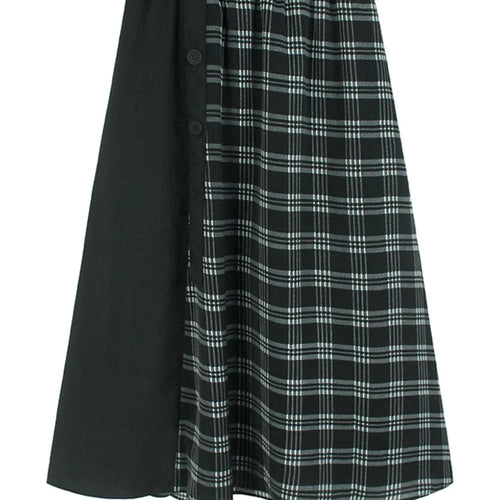 Load image into Gallery viewer, High Elastic Waist Black Plaid Button Spliced A-line Half-body Skirt Women Fashion Tide New Spring Autumn 2025 1DJ0917

