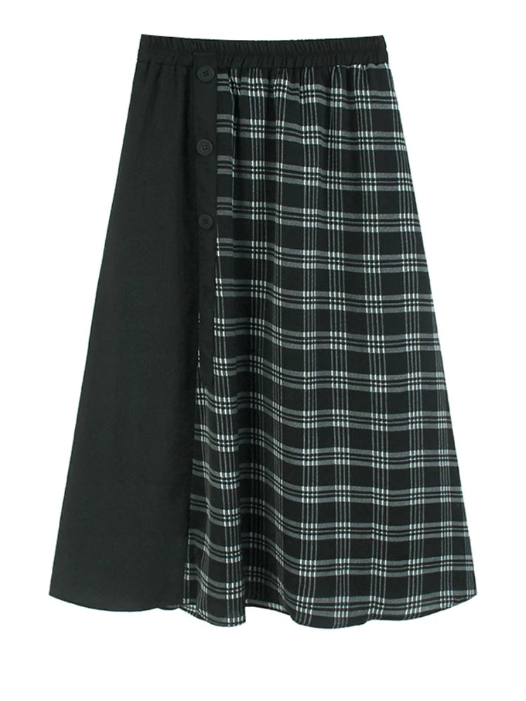 High Elastic Waist Black Plaid Button Spliced A-line Half-body Skirt Women Fashion Tide New Spring Autumn 2025 1DJ0917