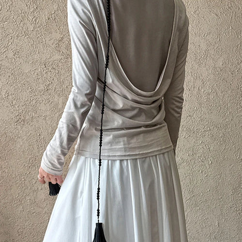 Load image into Gallery viewer, Women Gray Back Perspective Pleated Elegant Slim T-shirt New Round Neck Long Sleeve Fashion Spring Autumn 2025 1DJ0819
