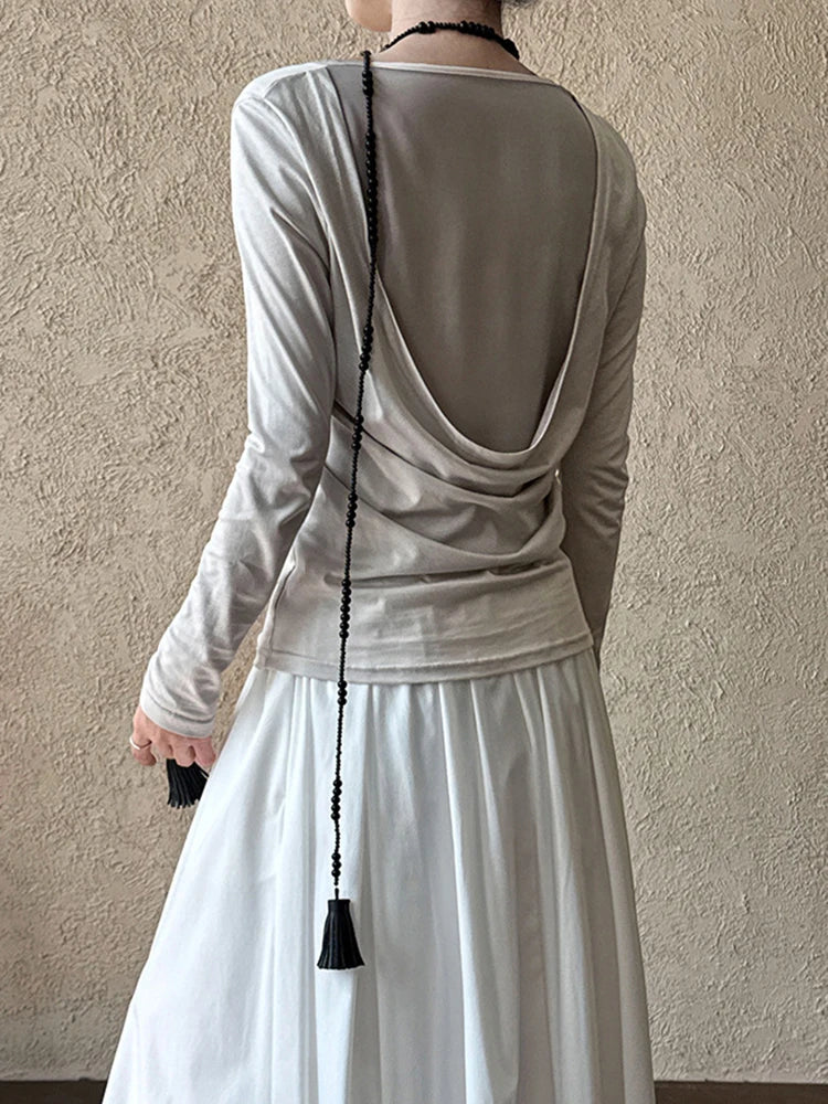 Women Gray Back Perspective Pleated Elegant Slim T-shirt New Round Neck Long Sleeve Fashion Spring Autumn 2025 1DJ0819