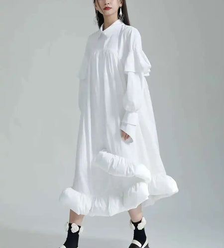 Women White Ruffles Long Shaped Shirt Dress New Lapel Long Sleeve Loose Fit Fashion Tide Spring Autumn 2025 1DH0609