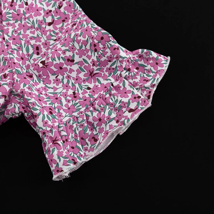 Short Ruffle Sleeve Floral Dress For Women Fashion O Neck High Waist A-line Loose Backless Sexy Mini Dress Elegant