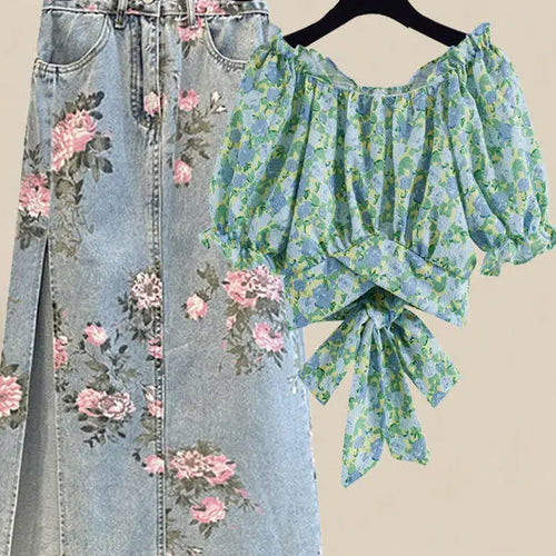 Load image into Gallery viewer, Women Summer Sweet Pink Print Skirts Two Pieces Set Korean Puff Sleeve Bandage Floral Top And Side Split Retro Denim Skirts Sets
