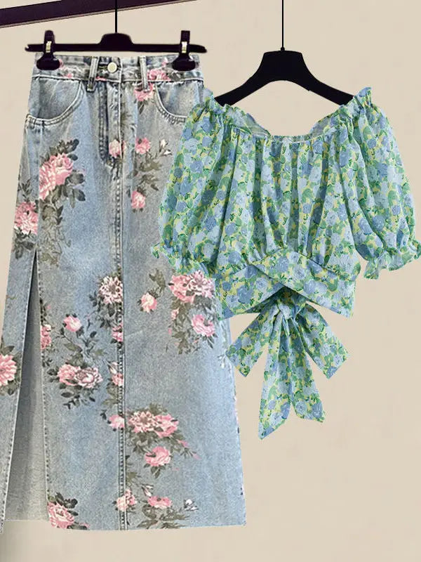 Women Summer Sweet Pink Print Skirts Two Pieces Set Korean Puff Sleeve Bandage Floral Top And Side Split Retro Denim Skirts Sets