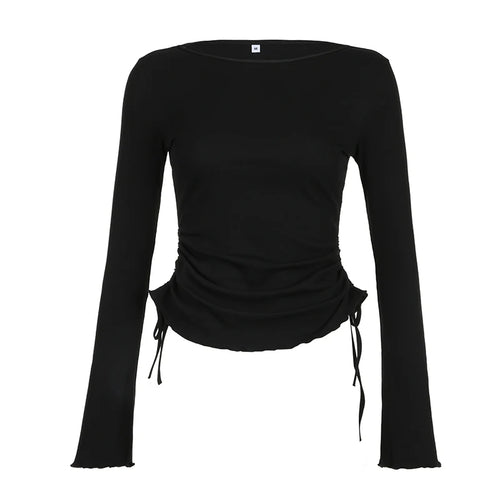Load image into Gallery viewer, Gothic Casual Frill Autumn T-shirts for Female Long Sleeve Drawstring Fashion Pullover Top All-Match Shirring Shirts
