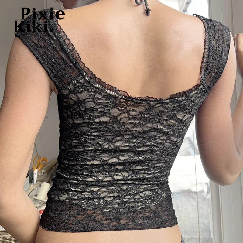 Black Lace Crop Top 2000s Clothes Y2k Sexy V-neck Low Cut Backless Sleeveless T Shirts for Woman 2024 Summer P84-BI25