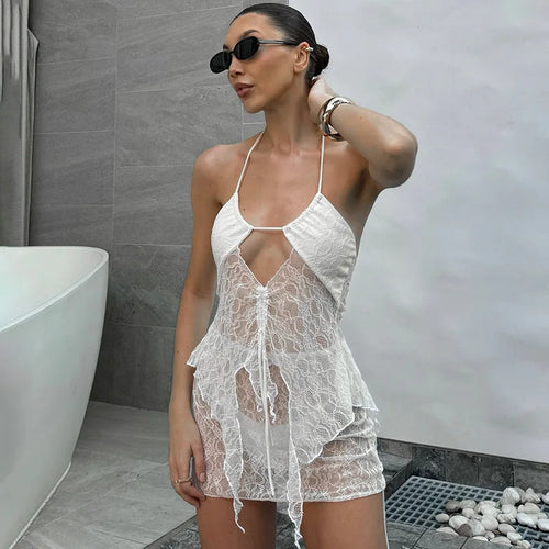 Load image into Gallery viewer, See Through Lace Hollow Out Sexy Two Piece Sets Women Halter Crop Tops And Mini Skirt Female Beach Club Skirt Sets
