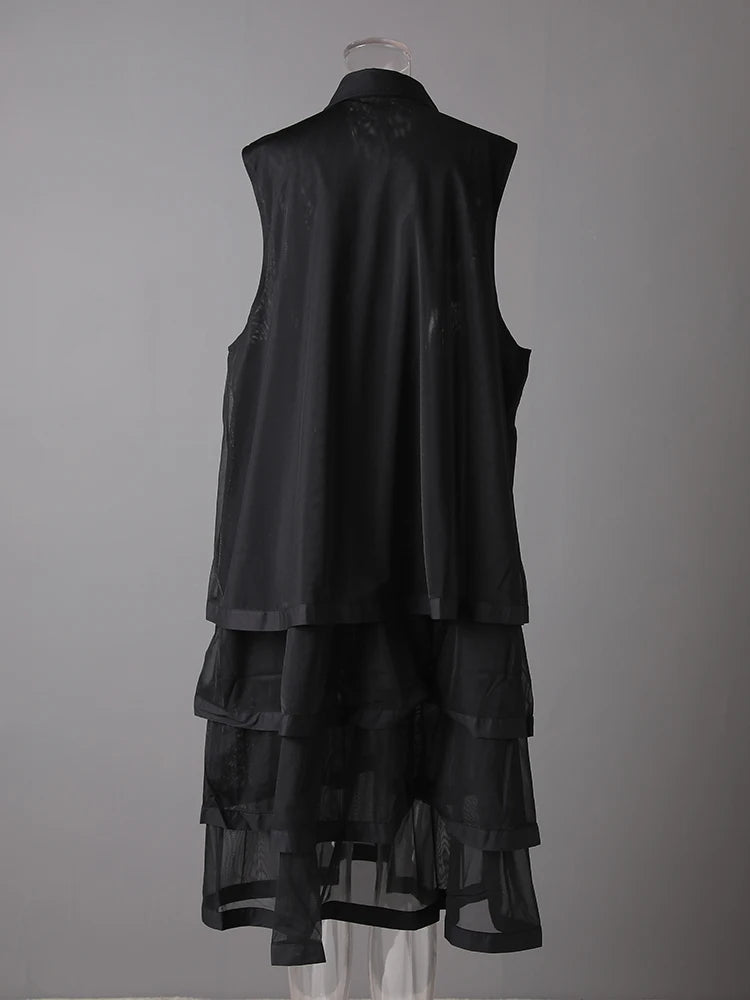 Women Black Layers Mesh Big Size Midi Vest Shirt Dress New Lapel Sleeveless Fashion Tide Spring Summer 2025 1DH9472