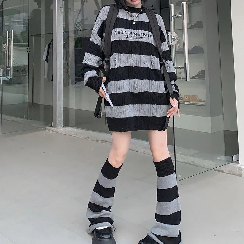 Gothic Sweaters Women Two Pieces Set Harajuku Knitted Striped Jumper + Leg Warmmer Y2k Aesthetic Grunge Tops Streetwear