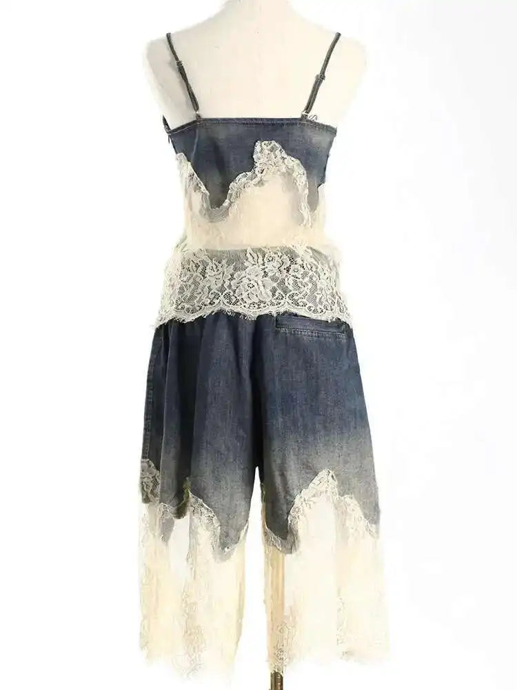 Denim Lace Elegant Tank Top Wide Leg Shorts Two Piece Suit New V-Neck Women Fashion Tide Spring Summer 2025 7AB4274