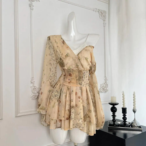 Load image into Gallery viewer, Autumn Khaki Print V-neck Elegant Long Sleeve Mini Dress French Women Vintage Sweet Pink Vacation Party Short Dress Fashion Boho
