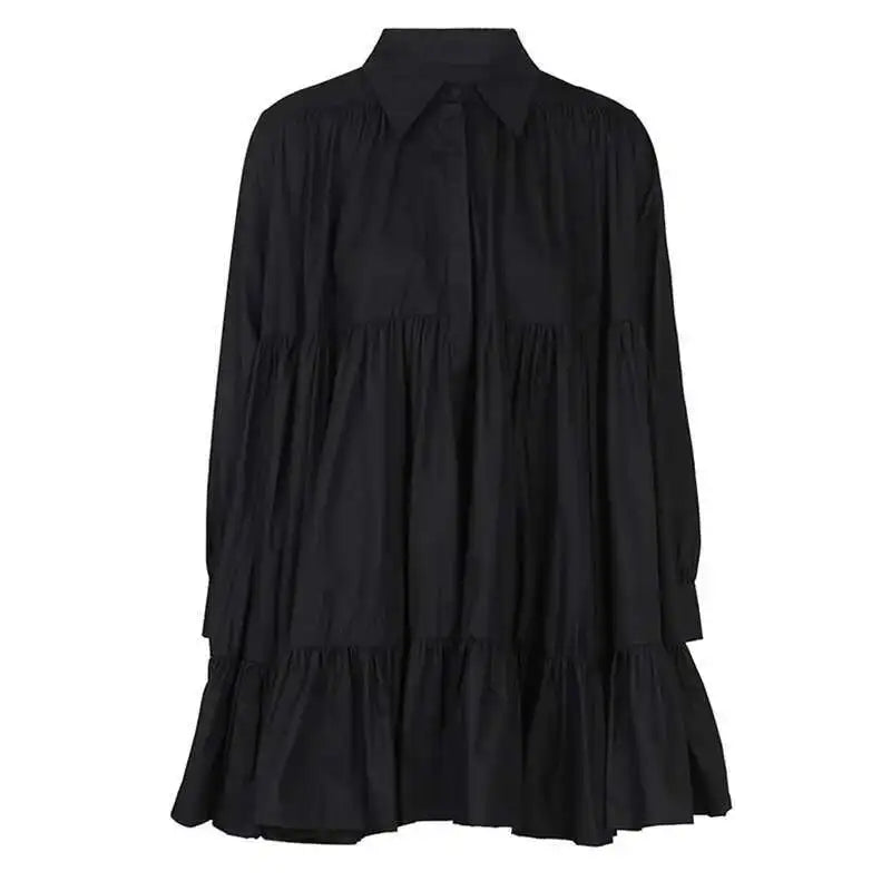 Women Black Pleated Elegant Mini Shirt Dress New Lapel Long Sleeve Loose Fit Fashion Tide Spring Autumn 2025 1DE365901