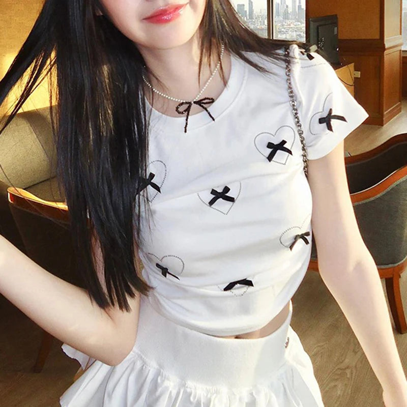 Hotsweet Bow White Bodycon Tee Shirts Women Heart Coquette Cutecore Folds Summer Crop Top Girls Korean Clothing Short