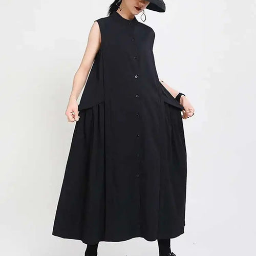 Load image into Gallery viewer, Women Khaki Split Pleated Long  Dress New Stand Collar Sleeveless Loose Fit Fashion Tide Spring Summer 2025 1Y353
