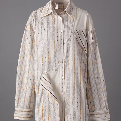 Load image into Gallery viewer, Women  Apricot Striped Irregular Big Size Blouse New Lapel Long Sleeve Shirt Fashion Tide Spring Autumn 2025 CPG3305
