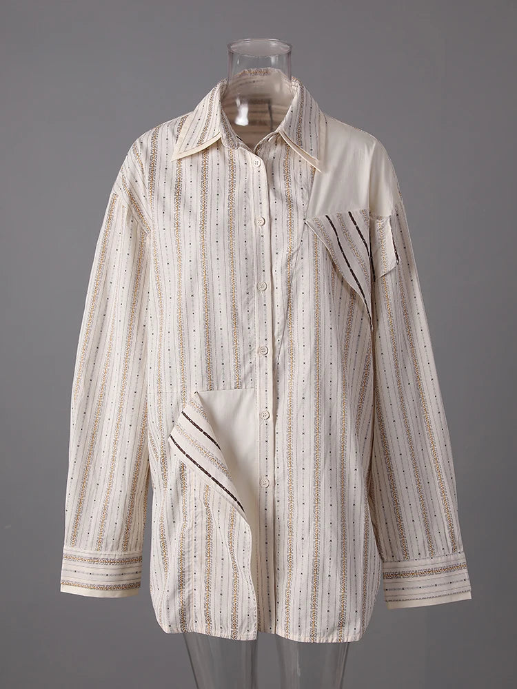 Women  Apricot Striped Irregular Big Size Blouse New Lapel Long Sleeve Shirt Fashion Tide Spring Autumn 2025 CPG3305