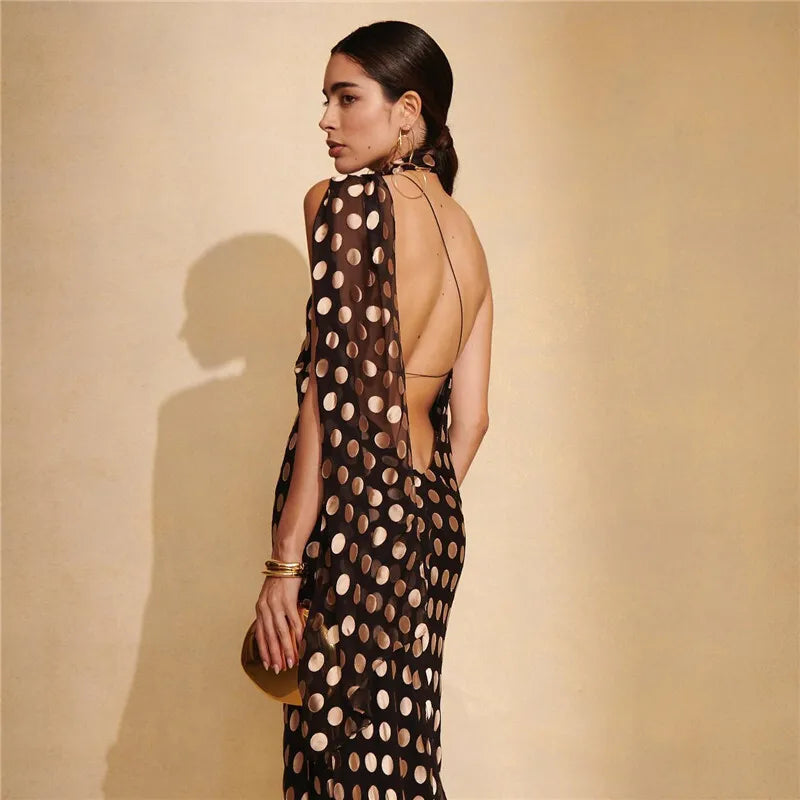 Round Plaid Printed Maxi Dress For Women Gown Halter Off-shoulder Sleeveless Backless Evening Club Long Dress Elegant