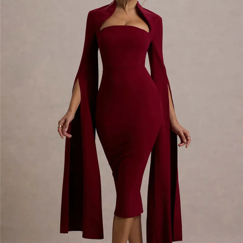 Load image into Gallery viewer, Cape Long Sleeve Sexy Midi Dress For Women Autumn Winter New Square Collar Back Slit Bodycon Club Party Long Dress
