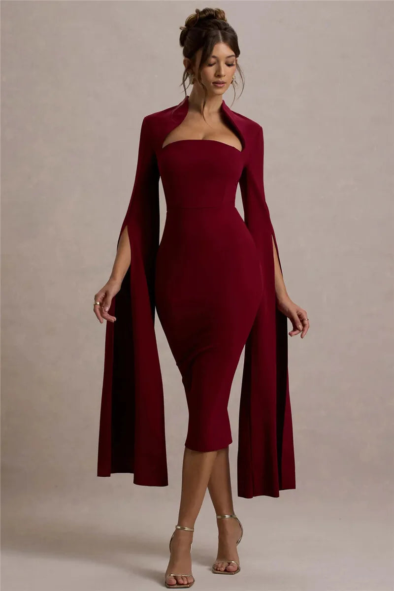 Cape Long Sleeve Sexy Midi Dress For Women Autumn Winter New Square Collar Back Slit Bodycon Club Party Long Dress