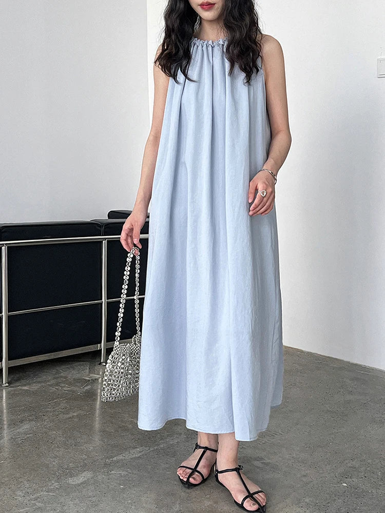 Women White Blue Knot Elegant Big Size Long Vest Dress New Halter Sleeveless Fashion Tide Spring Summer 2025 1DJ1282