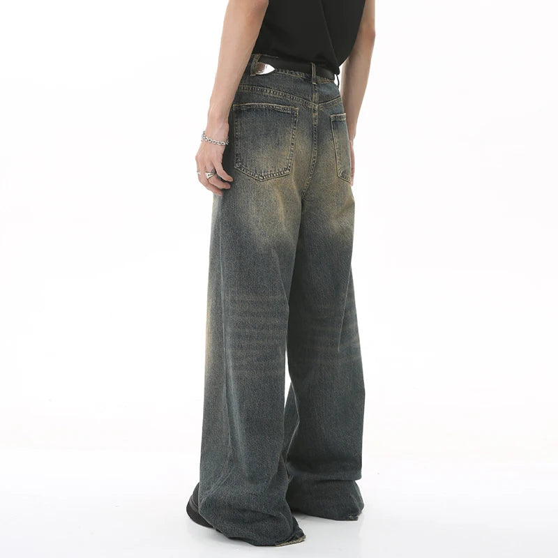 Summer Men's Denim Pants Old Blue Washed Male Jeans Straight Casual Menwear Loose Wide Leg Trousers Fashion 9C354