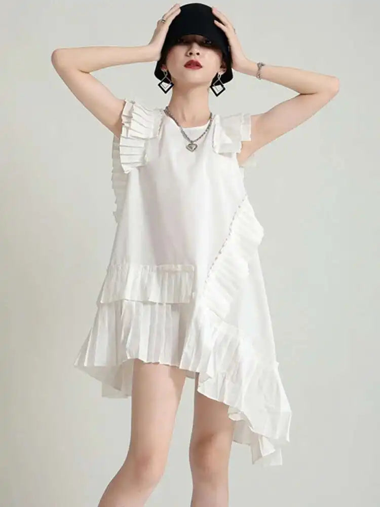 Women White Irregular Pleated Big Size Elegant Dress New Round Neck Sleeveless Fashion Tide Spring Summer 2025 1DH5375