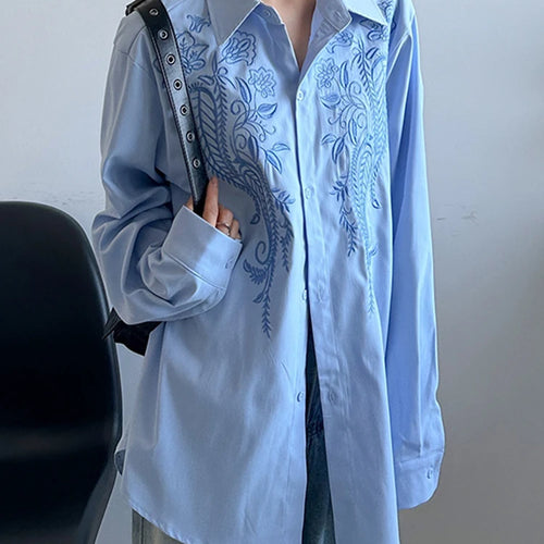 Load image into Gallery viewer, Women Blue Embroidery Big Size Vintage Casual Blouse New Lapel Long Sleeve Shirt Fashion Tide Spring Autumn 2025 1DJ1236
