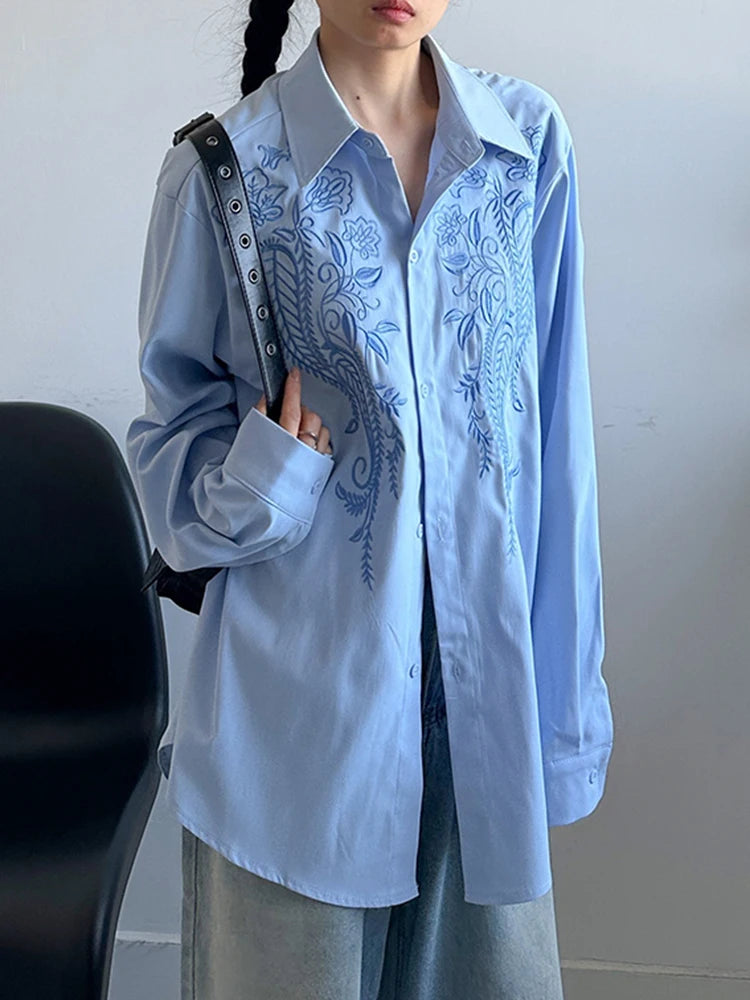 Women Blue Embroidery Big Size Vintage Casual Blouse New Lapel Long Sleeve Shirt Fashion Tide Spring Autumn 2025 1DJ1236