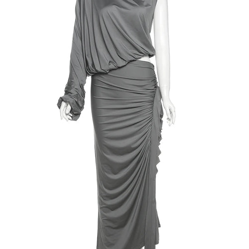 Load image into Gallery viewer, Summer Y2K Solid Style 2Piece Set Women Turtleneck Single Shoulder Sleeve Tops+Ruched Long Skirts Fashion Elegant Outfits
