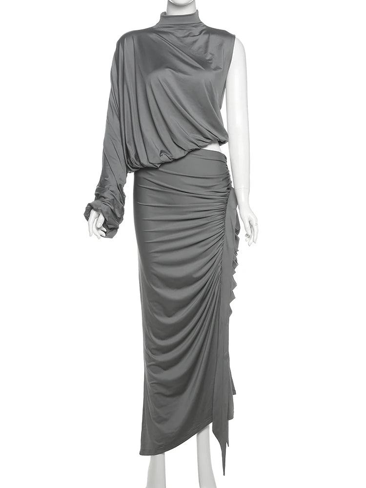 Summer Y2K Solid Style 2Piece Set Women Turtleneck Single Shoulder Sleeve Tops+Ruched Long Skirts Fashion Elegant Outfits